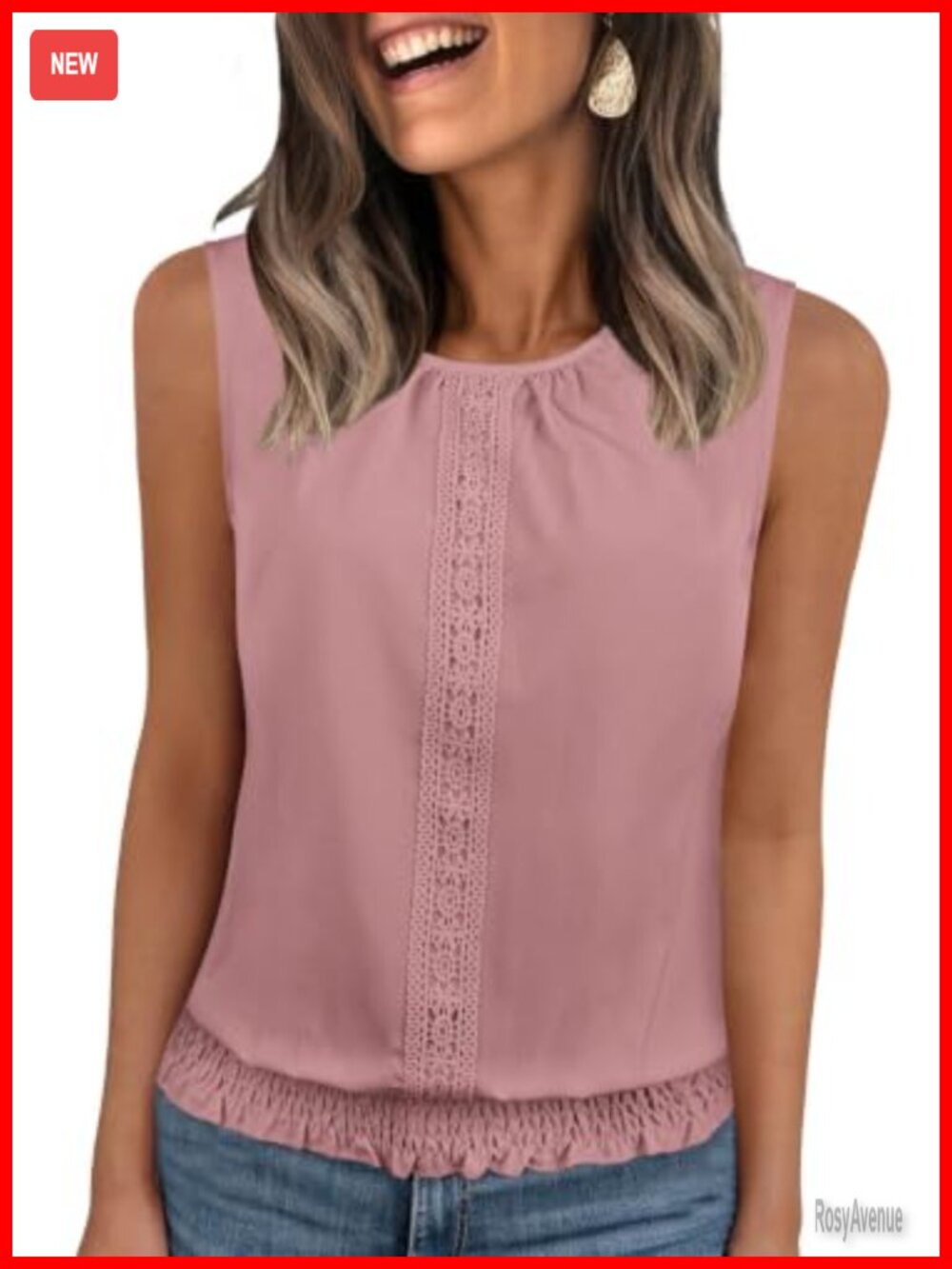 Sleeveless Pleated Crochet Lace Tank Top Smocked Hem Blouse